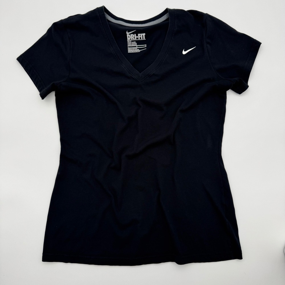 Nike Dri-FIT Womens Slim Fit V-Neck Short Sleeve Training Shirt Black Large L